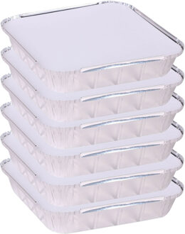 Elite Meal prep bewaar bakjes - Aluminium - 6x - 25 x 25 x 5 cm - met deksel - Vershoudbakjes Zilverkleurig