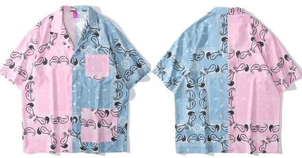Elkmu Bandana Paisley Kleur Blok Patchwork Shirts Zomer Blouse Korte Mouw Strand Overhemd Harajuku Tops Mannelijke Losse HE672