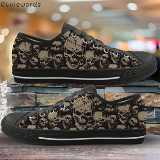 ELVISWORDS Gothic Skull 3D Print Vintage Style Flats Canvas Low Top Vulcanized Shoes for Women Breathable Air Mesh Running Shoes