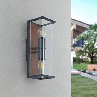 Elwin wandlamp, hoekig, 2-lamps grafiet, helder, hout donker