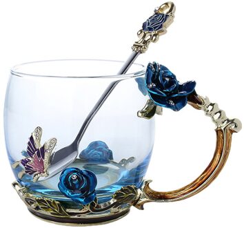 Emaille Koffie Thee Cup Mok 3D Rose Vlinder Glas Cups Huwelijkscadeau blauw kort met spoo
