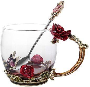 Emaille Koffie Thee Cup Mok 3D Rose Vlinder Glas Cups Huwelijkscadeau BOM666 rood kort met lepel