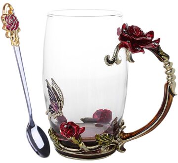 Emaille Koffie Thee Cup Mok 3D Rose Vlinder Glas Cups Huwelijkscadeau BOM666 rood lang met lepel