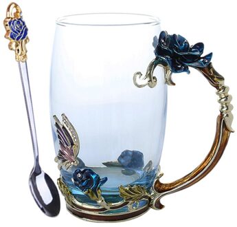 Emaille Koffie Thee Cup Mok 3D Rose Vlinder Glas Cups Huwelijkscadeau DSS899 blauw lang met lepel