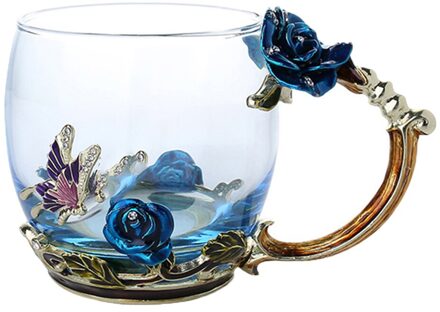Emaille Koffie Thee Cup Mok 3D Rose Vlinder Glas Cups Huwelijkscadeau DTT88 blauw kort zonder s