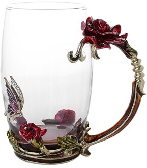 Emaille Koffie Thee Cup Mok 3D Rose Vlinder Glas Cups Huwelijkscadeau DTT88 rood lang zonder spo