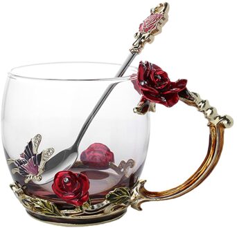 Emaille Koffie Thee Cup Mok 3D Rose Vlinder Glas Cups Huwelijkscadeau rood kort met lepel