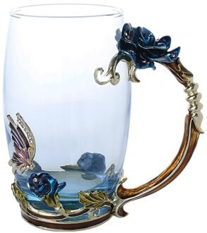 Emaille Koffie Thee Cup Mok 3D Rose Vlinder Glas Cups Huwelijkscadeau SDF-SHIP blauw lang zonder sp