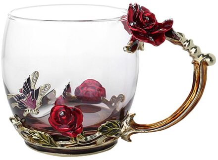 Emaille Koffie Thee Cup Mok 3D Rose Vlinder Glas Cups Huwelijkscadeau SDF-SHIP rood kort zonder sp
