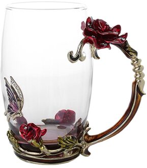 Emaille Koffie Thee Cup Mok 3D Rose Vlinder Glas Cups Huwelijkscadeau SDF-SHIP rood lang zonder spo