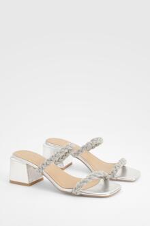 Embellished Strap Low Block Heeled Mules, Silver - 3
