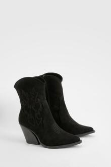 Embroidered Calf High Western Boots, Black - 3