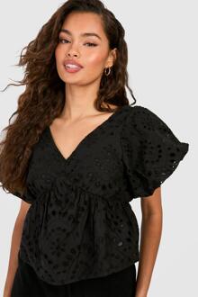 Embroidery Frill Shoulder Top, Black - 6