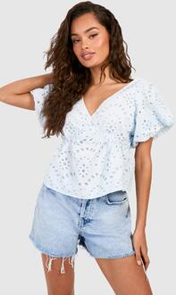 Embroidery Frill Shoulder Top, Blue - 10