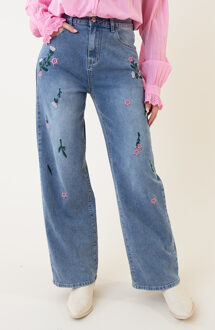 Embroidery High Waist Flower Jeans Straight Blauw