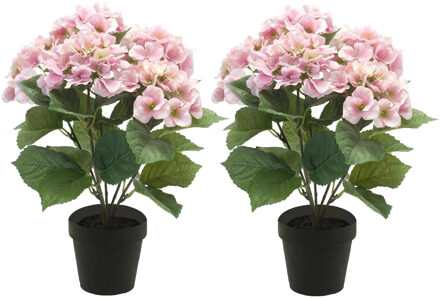 Emerald Hortensia kunstplant in kunststof pot - 2x - roze - 40 cm - Hydrangea Macrophylla