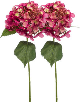 Emerald Kunstbloem hortensia tak - 2x - 50 cm - fuchsia - kunst zijdebloem - Hydrangea - decoratie bloem - Kunsttakken Roze