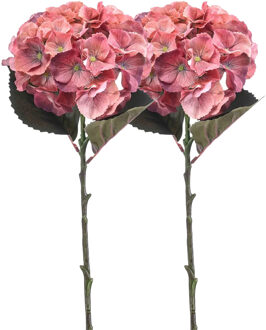 Emerald Kunstbloem hortensia tak - 2x - 50 cm - koraal roze - kunst zijdebloemen - decoratie - hydrangea