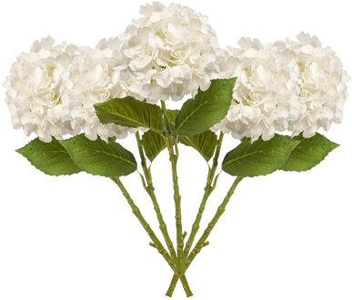 Emerald Kunstbloem Hortensia tak - 5x - 52 cm - wit - Real Touch - hydrangea - kunst zijdebloemen