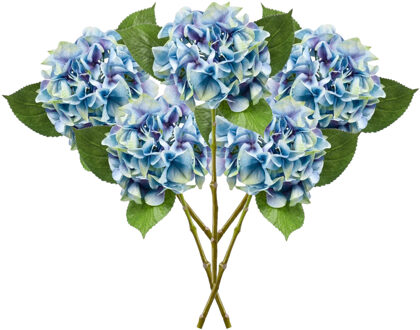 Emerald Kunstbloem hortensia tak - 5x - Challenge - 47 cm - blauw - kunst zijdebloem - Hydrangea - Kunsttakken