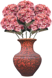 Emerald Kunstbloem Hortensia tak - 8x - 50 cm - koraal roze - kunst zijdebloemen - decoratie - hydrangea