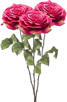 Emerald Kunstbloem Roos Laurie tak - 3x - 57 cm - fuchsia - Kunst zijdebloemen