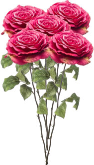 Emerald Kunstbloem Roos Laurie tak - 5x - 57 cm - fuchsia - Kunst zijdebloemen