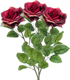 Emerald Kunstbloem roos Marleen - 3x - wijn rood - 63 cm - decoratie bloemen - Kunstbloemen