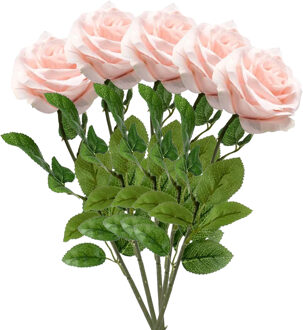 Emerald Kunstbloem roos Marleen - 5x - licht roze - 63 cm - decoratie bloemen