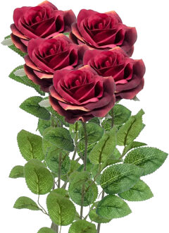 Emerald Kunstbloem roos Marleen - 5x - wijn rood - 63 cm - decoratie bloemen