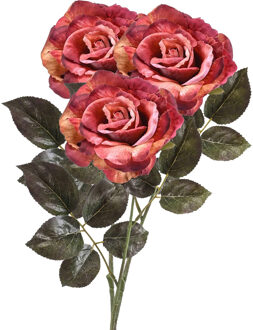 Emerald Kunstbloem roos Pascal - 3x - roze/oranje - 65 cm - decoratie bloemen
