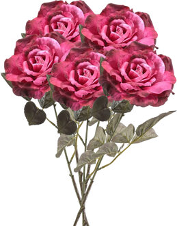 Emerald Kunstbloem roos Pascal - 5x - fuchsia - 65 cm - decoratie bloemen