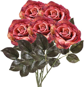 Emerald Kunstbloem roos Pascal - 5x - roze/oranje - 65 cm - decoratie bloemen