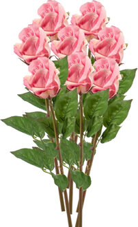 Emerald Kunstbloemen boeket Roos Bud - 8x - 58 cm - roze - Kunst zijdebloemen