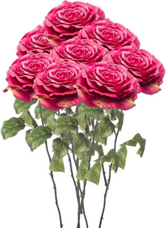 Emerald Kunstbloemen boeket Roos Laurie - 8x - 57 cm - fuchsia - Kunst zijdebloemen