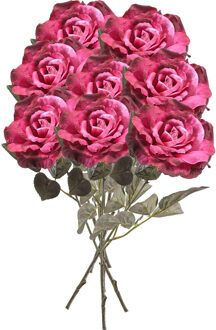 Emerald Kunstbloemen boeket roos Pascal - 8x - fuchsia - 65 cm - decoratie bloemen