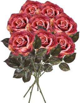 Emerald Kunstbloemen boeket roos Pascal - 8x - roze/oranje - 65 cm - decoratie bloemen