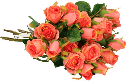 Emerald Kunstbloemen boeket Rozen - 8x - 44 cm - koraal roze - Kunst zijdebloemen