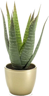 Emerald Kunstplant Aloe Vera - groen - in gouden pot - 23 cm