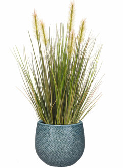 Emerald Kunstplant - groen gras 45 cm - blauw bloempot keramiek - Kunstplanten