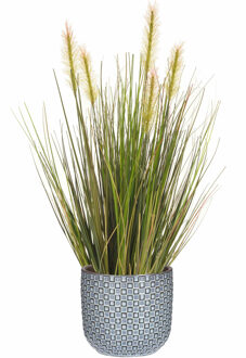 Emerald Kunstplant - groen gras 45 cm - blauw bloempot keramiek - Kunstplanten