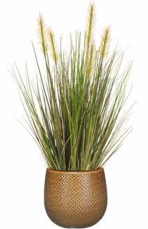 Emerald Kunstplant - groen gras 45 cm - okergeel bloempot keramiek - Kunstplanten