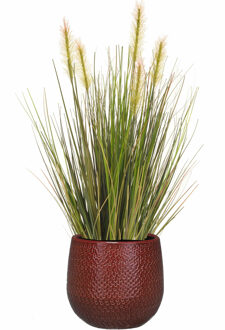 Emerald Kunstplant - groen gras 45 cm - rood bloempot keramiek - Kunstplanten