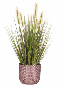 Emerald Kunstplant - groen gras 45 cm - roze bloempot keramiek - Kunstplanten