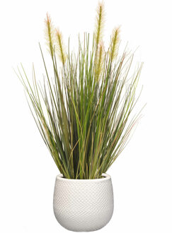 Emerald Kunstplant - groen gras 45 cm - wit bloempot keramiek - Kunstplanten