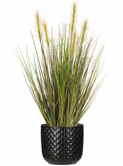 Emerald Kunstplant - groen gras 45 cm - zwart bloempot keramiek - Kunstplanten