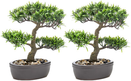 Emerald Set van 2x stuks groene kunstplanten bonsai boompje 32 cm