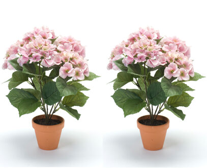 Emerald Set van 2x stuks roze hortensia kunstplant in kunststof pot 40 cm - Kunstplanten