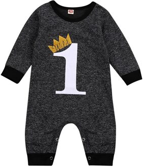 Emmababy Herfst 0-24M Peuter Baby Jongen Meisje Crown 1 Brief Print Jumpsuit Eerste Verjaardag Lange Mouw/Mouwloze Romper A / 24M