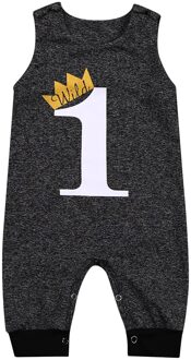 Emmababy Herfst 0-24M Peuter Baby Jongen Meisje Crown 1 Brief Print Jumpsuit Eerste Verjaardag Lange Mouw/Mouwloze Romper B / 18m